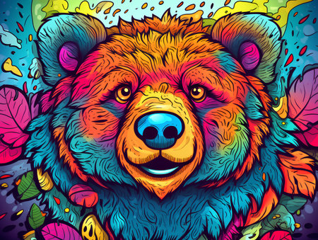 Colorful vector illustration of a bear head. Colorful background.の素材