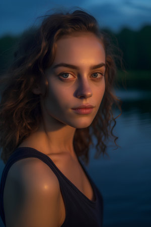Portrait of a beautiful young woman on the background of the lakeの素材