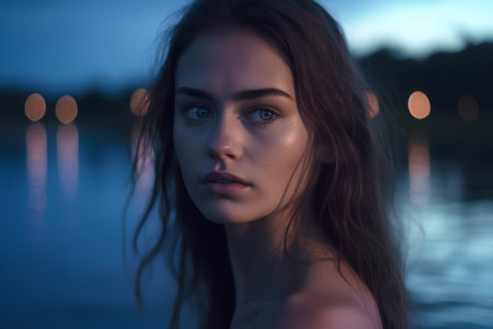 Portrait of a beautiful young woman on the beach at night.の素材