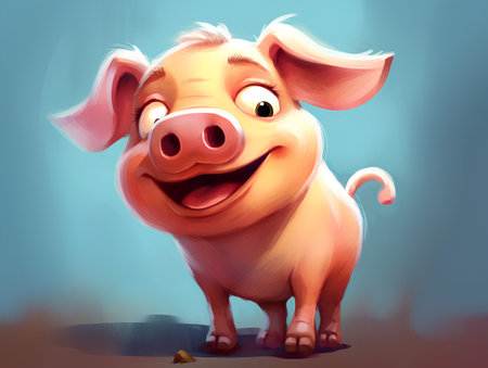 Cartoon funny pig on a blue background. Vector illustration for children.の素材