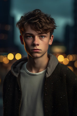 Portrait of a handsome teen boy in a city at night.の素材