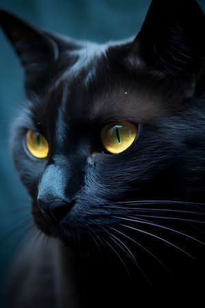 Portrait of a black cat with yellow eyes on a dark backgroundの素材