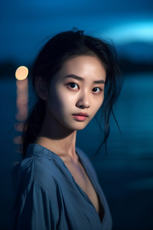 Portrait of a beautiful asian woman in blue dress at night.の素材