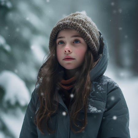 Portrait of a beautiful girl in a winter park. Winter fashion.の素材