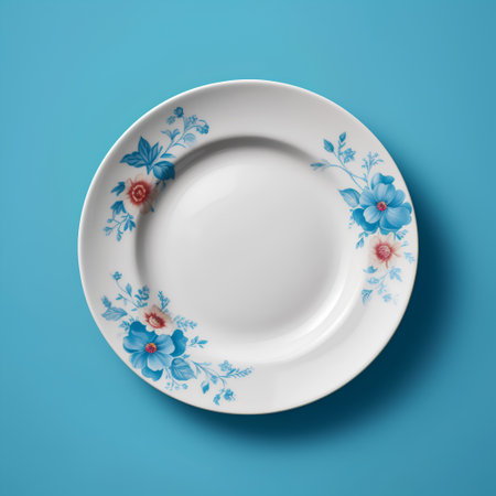 Empty white plate with floral ornament on blue background. 3d renderingの素材