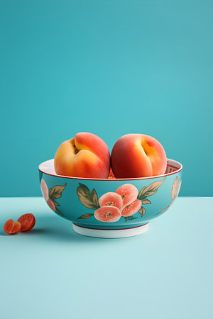 Peaches in a bowl on a blue background. 3d renderingの素材