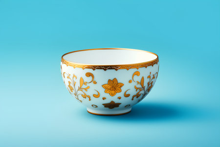 3d render of Chinese porcelain bowl isolated on blue backgroundの素材