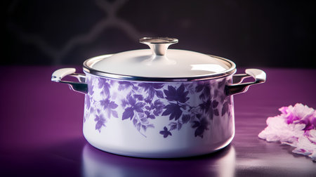 Stainless steel cooking pot with flowers on a purple background.の素材