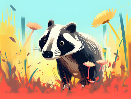 Cute cartoon badger in the meadow. Vector illustration.の素材