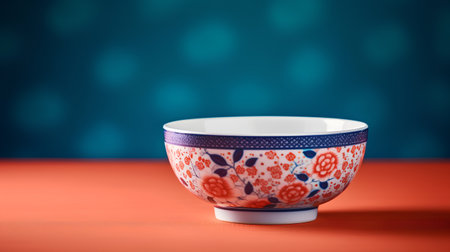 Empty bowl on table with blue bokeh background. 3d renderingの素材