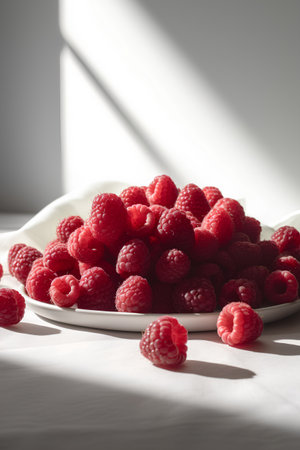 Ripe raspberries on a white plate on a light backgroundの素材
