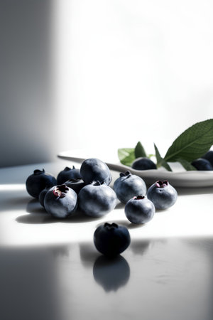 Blueberries in a white plate on a white background with copy spaceの素材