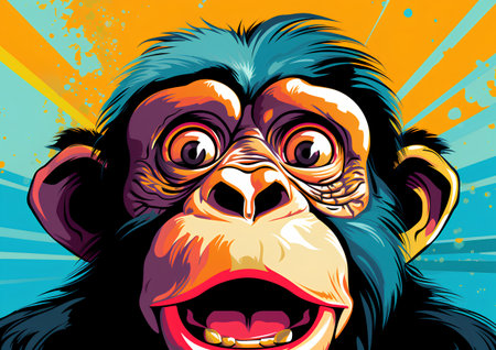 Chimpanzee with open mouth on colorful background. Vector illustrationの素材