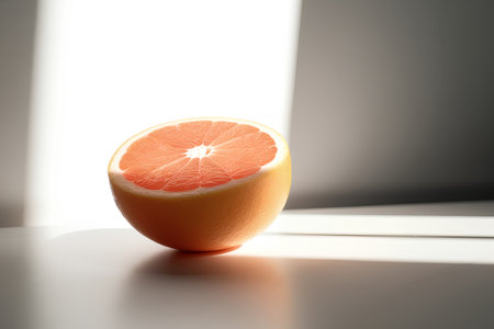 Grapefruit on a white background with a shadow from the sunの素材