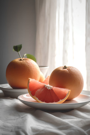 Orange and grapefruit on a white plate with a light background.の素材