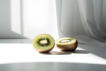 Kiwi fruit on a white background with shadows from the window.の素材