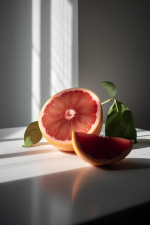 Grapefruit slices with green leaves on a white table in sunlightの素材