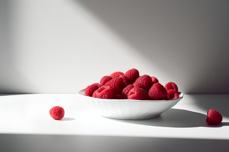 Ripe raspberries in a bowl on a white background.の素材
