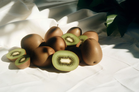 Kiwi fruit on white fabric with leaves. Toned.の素材