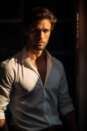 Portrait of handsome young man in white shirt. Men's beauty, fashion.の素材