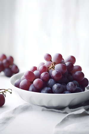 Bunch of fresh red grapes in a white bowl on a light backgroundの素材