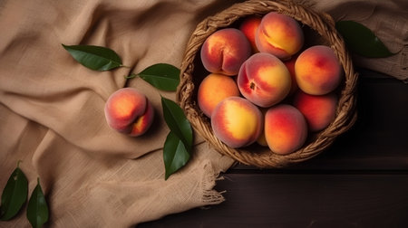 Ripe peaches in a wicker basket on a wooden backgroundの素材