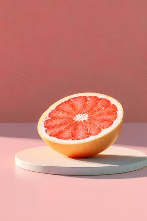 Grapefruit on white wooden podium. 3d render illustration.の素材