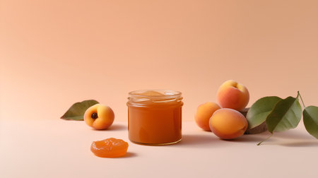 Apricot jam in a glass jar and fresh apricots with leaves on a light background.の素材