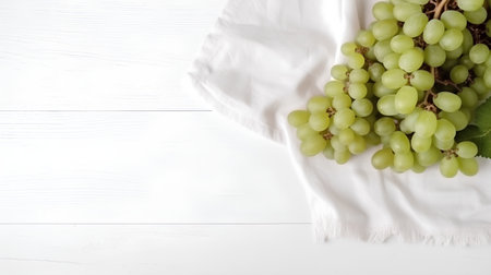 Bunch of fresh green grapes on white wooden table with copy spaceの素材