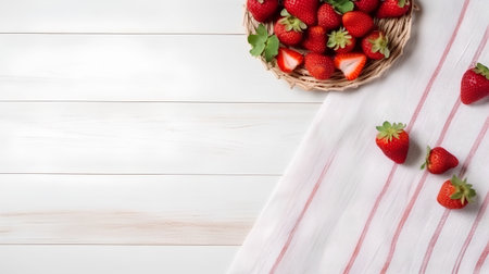 Strawberries in a wicker basket on a white wooden backgroundの素材
