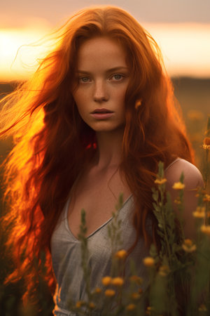 Beautiful young woman with long curly red hair in a field at sunset.の素材