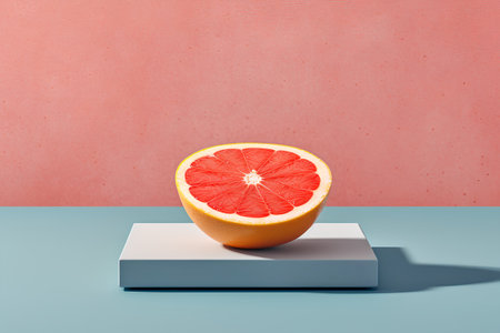 Grapefruit on a white podium on a blue background. 3d renderingの素材