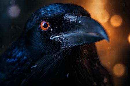 Portrait of a raven on a dark background with bokehの素材