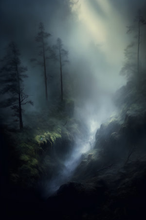 Fantasy landscape with foggy forest and a waterfall. 3d renderの素材