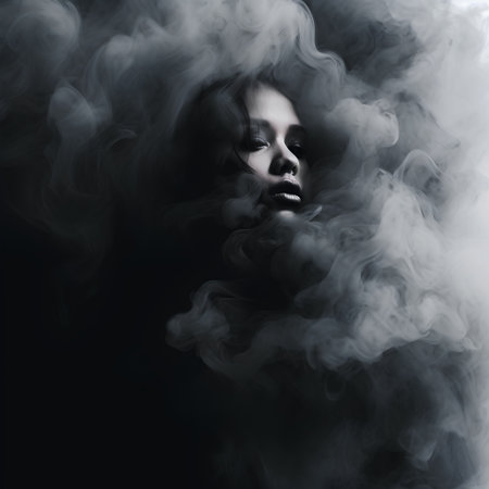 Portrait of a beautiful woman with smoke on a black background.の素材