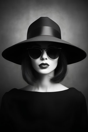 Fashion portrait of beautiful young woman in black hat and sunglasses.の素材
