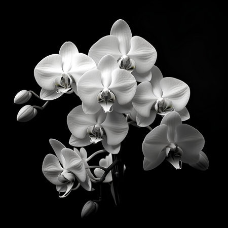 White orchid on a black background. Monochrome image.の素材