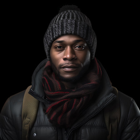 Portrait of a handsome african american man wearing a warm hat and scarf on black backgroundの素材