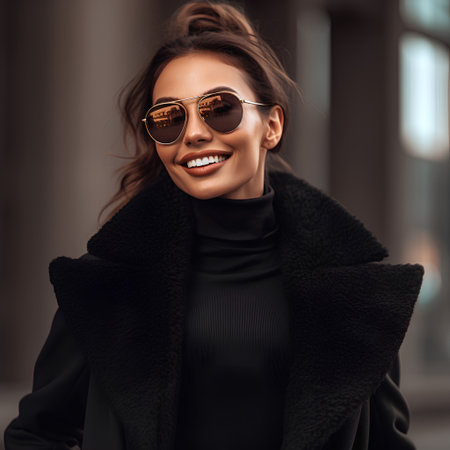 Portrait of a beautiful young woman in black coat and sunglasses.の素材