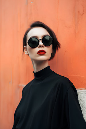 Fashion portrait of young beautiful woman in black dress and sunglasses.の素材