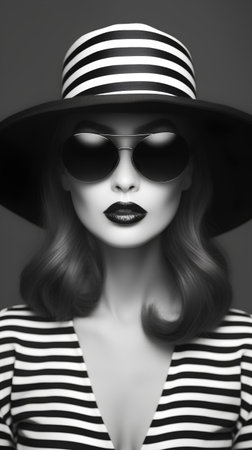 Black and white portrait of beautiful young woman in hat and sunglasses.の素材