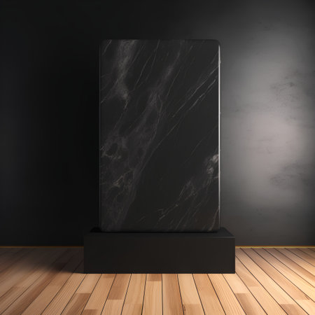 Black marble pedestal in dark room with wooden floor. 3d renderの素材