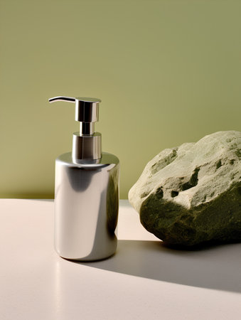 3d render of cosmetic bottle, soap dispenser and stone on tableの素材