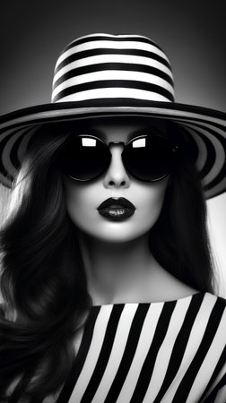 Fashion portrait of beautiful young woman in hat and sunglasses. Black and white.の素材