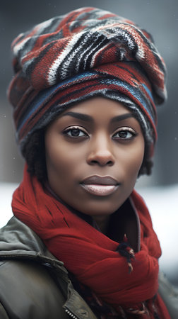 Portrait of a beautiful african american woman in winter clothesの素材