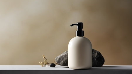 Mockup of blank cosmetic bottle with dispenser standing on stone in front of beige wallの素材