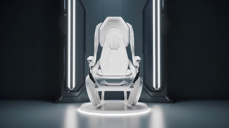 3d rendering of a chair in a dark room with neon lightsの素材