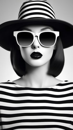 Fashion portrait of beautiful woman in hat and sunglasses. Black and white.の素材
