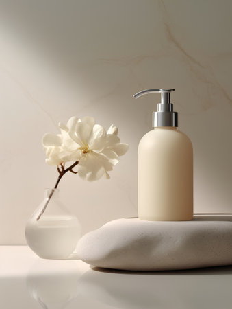 Cosmetic bottle and flowerle background. 3d render.の素材