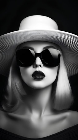 Fashion portrait of beautiful woman in hat and sunglasses. Black and whiteの素材